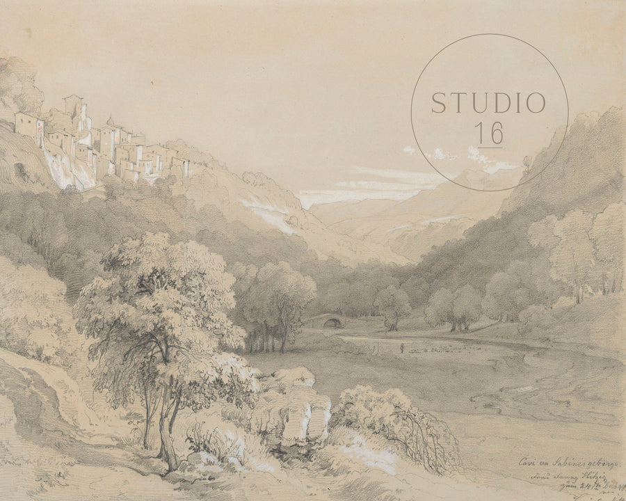 Drawings.103. A View of the Hills. Vintage Art Print (c.1848. German)